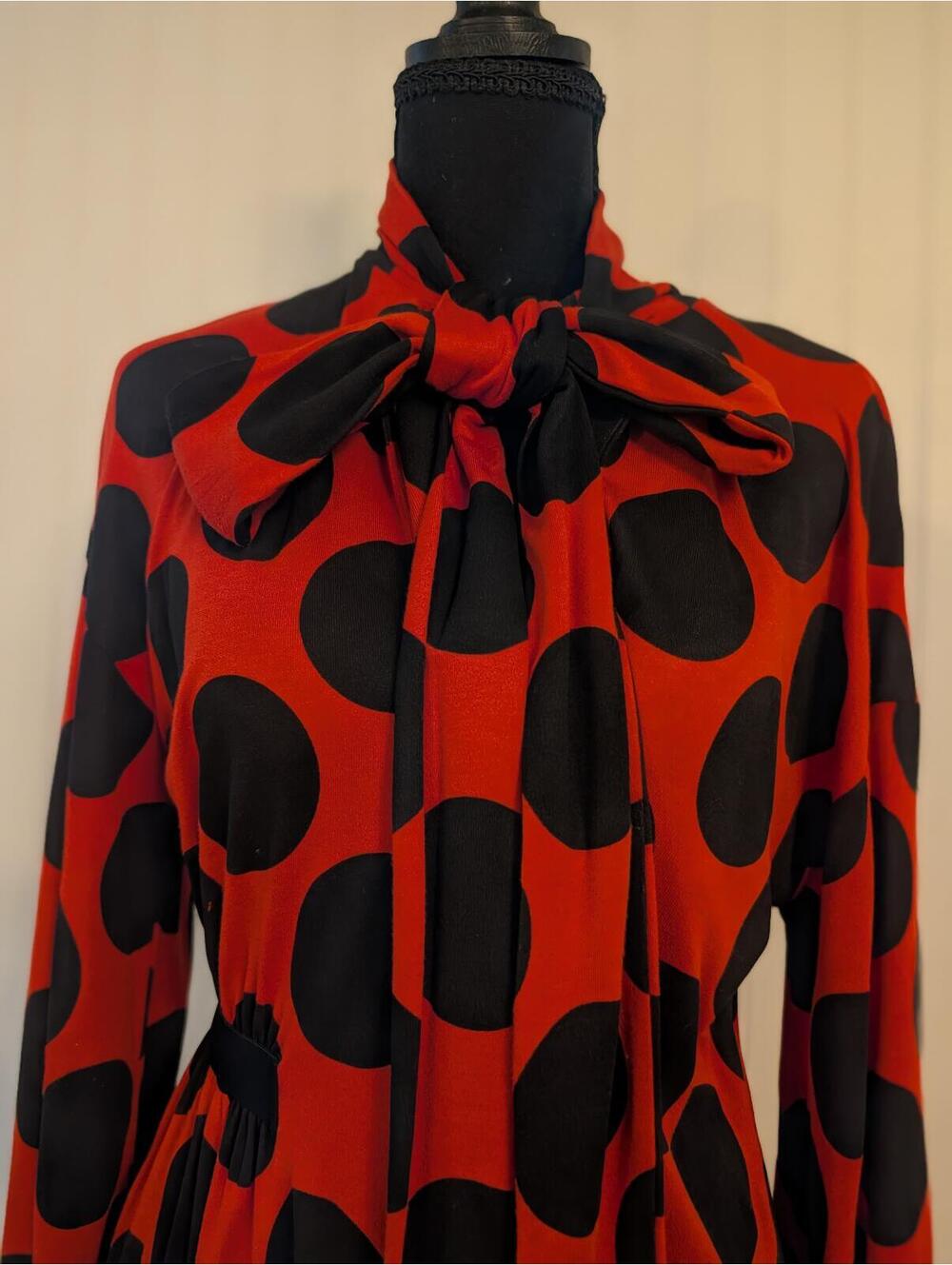 Zara Red Black Polka Dot Long Sleeve Dress with Bow Tie Neck Size S - Picture 3 of 9